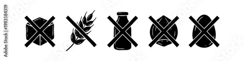 Set of food allergy and dietary icons: sugar free, gluten free, dairy free, nut free, and egg free. Black silhouettes with cross marks on white background for labels and food packaging.