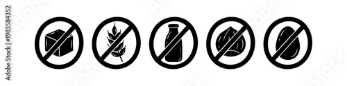 Collection of hand-drawn allergen-free icons featuring sugar-free, gluten-free, dairy-free, nut-free, and egg-free labels. Ideal for food packaging, menus, and dietary restriction signage.