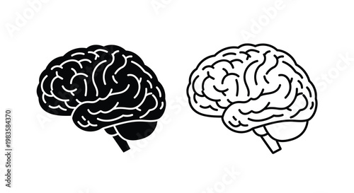 Two black and white illustrations depicting the human brain from a side view