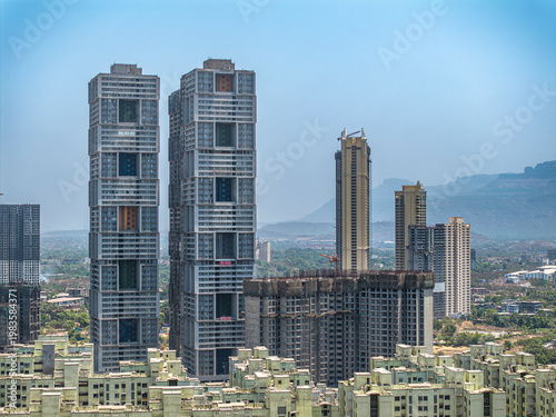 Modern City high-rise skyscraper buildings. Aerial drone view of the Financial District in Mumbai. Daytime Mumbai City, India
