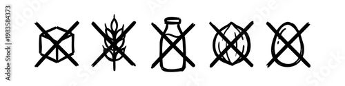 Set of hand-drawn food allergy and dietary restriction icons. Includes sugar-free, gluten-free, dairy-free, nut-free, and egg-free symbols in a minimalist black doodle style on white.
