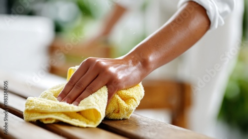 Person Wipes a Wooden Table With a Yellow Cloth in a Bright Space During the Day