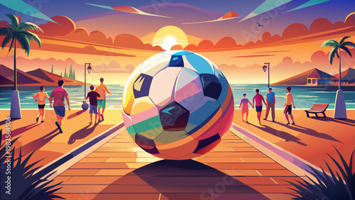 Vector image of a colorful soccer ball on a busy seaside promenade, with people running and walking, and coconut trees in the background.