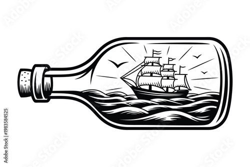 Black and white of a sailing ship inside a glass bottle with waves and birds