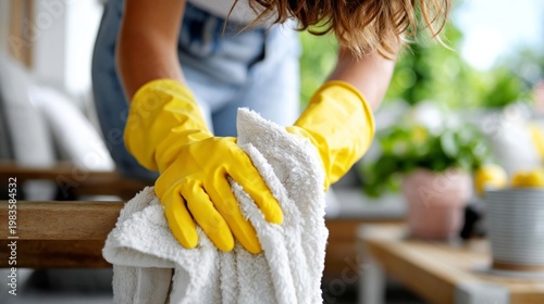 Worker Cleans a Table With a Cloth in a Bright Room Filled With Green Plants ...