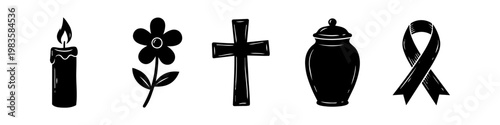 Set of funeral and mourning icons featuring a burning candle, flower, cross, urn, and ribbon. Black silhouettes on a white background for memorial, bereavement, and remembrance designs.