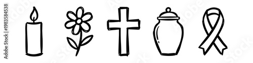 Hand-drawn funeral and memorial icon set featuring a candle, flower, Christian cross, cremation urn, and mourning ribbon. Minimalist black and white doodle style for sympathy and remembrance.