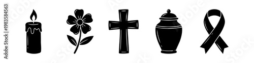 Set of black funeral and mourning silhouettes: burning candle, flower, Christian cross, cremation urn, and awareness ribbon. Symbols for sympathy and memorial services on a white background.