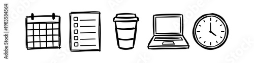 Hand-drawn business and productivity doodle icon set featuring a calendar, checklist, coffee cup, laptop, and clock. Ideal for office work, planning, and time management concepts.