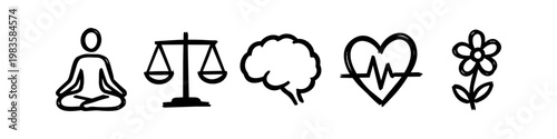 Hand-drawn wellness and mental health icon set featuring yoga meditation, balance scales, human brain, heart pulse, and a flower. Minimalist doodle style on a white background.