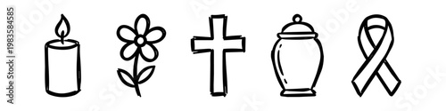 Hand-drawn funeral and mourning icon set featuring a candle, flower, cross, urn, and awareness ribbon. Minimalist black line art for memorial services, condolences, and remembrance themes.