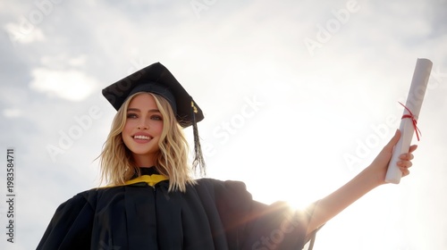 Graduate Holds Diploma High in Celebration Under Sunny Sky