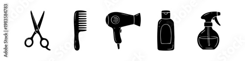Set of black silhouette icons for hairdressing and barbering, featuring scissors, comb, hairdryer, shampoo bottle, and spray bottle, isolated on a white background.