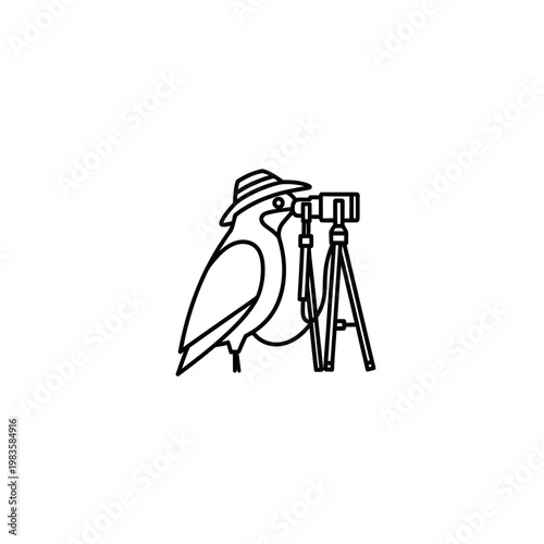 Bird birdwatching icon with hat and telescope on tripod line art