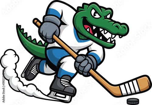 Cartoon alligator playing ice hockey with a puck and stick