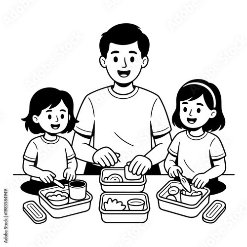 Family of four sitting around a table sharing pizza and drinks four people woman