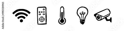 Set of hand-drawn smart home technology icons featuring Wi-Fi, remote control, thermometer, light bulb, and security camera. Minimalist black ink doodle style for home automation and IoT concepts.