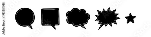 Set of hand-drawn black speech bubbles and icons including round, square, cloud, burst, and star shapes. Comic style doodle elements for messages and conversations.
