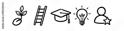 Set of hand-drawn icons illustrating personal growth, career advancement, education, innovation, and success. Black doodle-style symbols for business and academic development banners.