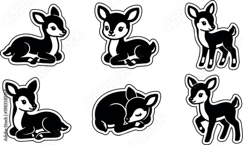 Cute black and white line art deer fawn sitting sleeping and standing in different poses