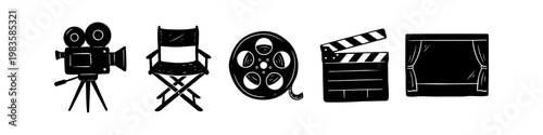 Hand-drawn black ink doodle icons for filmmaking and cinema: vintage movie camera, director's chair, film reel, clapperboard, and theater screen. Set of movie production symbols.