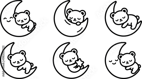 Black and white line art sleeping bear hugging crescent moon set