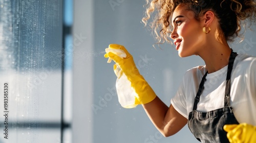 Woman Cleans Window With Spray Bottle and Cloth During Daytime at Indoor Loca...