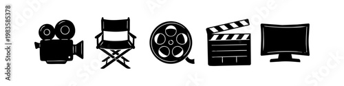 Hand-drawn black silhouette cinema icon set including a movie camera, director's chair, film reel, clapperboard, and monitor. Perfect for film industry and movie making themes.