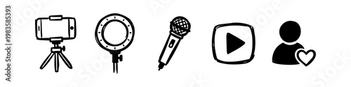 A collection of hand-drawn doodle icons for vlogging and social media, featuring a smartphone on a tripod, ring light, microphone, play button, and subscriber heart symbol.