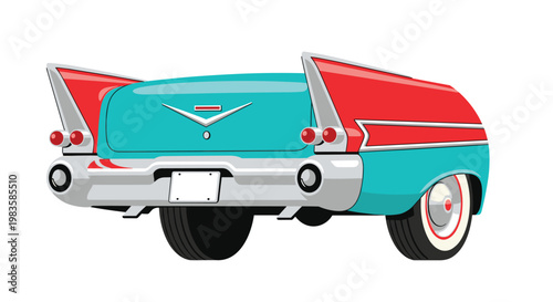 The rear perspective of a classic vintage automobile displays iconic red tailfins and a polished turquoise body accented by gleaming silver chrome bumper details.