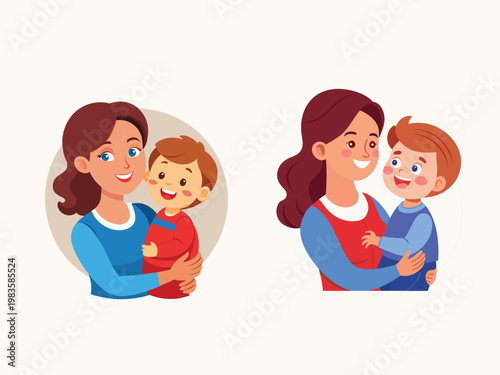 Mother, child, family, love, cartoon, vector, illustration, tender, 2 people, happy, smiling
