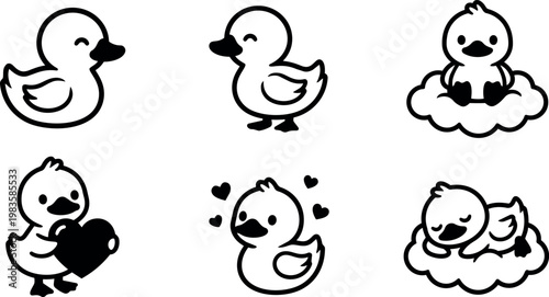 Black and white cute duckling line art with hearts sleeping and holding heart