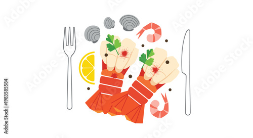 Two succulent lobster tails are elegantly presented on a plate with fresh shrimp, clams, lemon slices, and aromatic herbs beside a silver fork and knife.