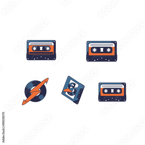 Retro Audio Cassette Tapes and Vinyl Record Graphic Icons Set