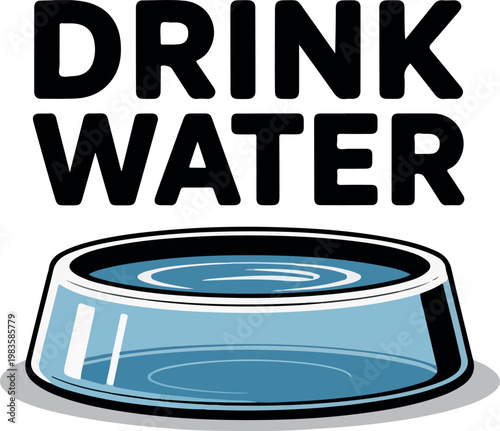 Drink water text above a blue water bowl animal