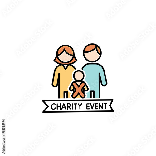 Charity Event Icon Featuring Family Characters and Banner