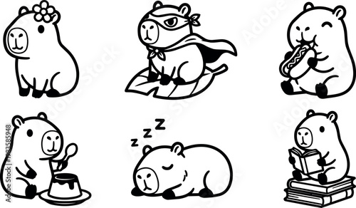 Playful capybara in six cute poses