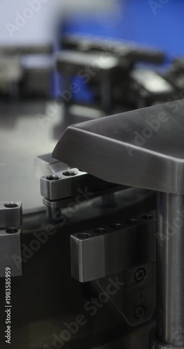 Close up of rotary mechanism moving components in circular path on factory line. Precision industrial system with continuous motion and synchronized automation. Vertical video.
