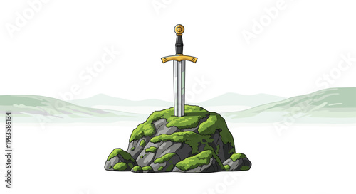 A majestic silver longsword remains stuck deep within a rugged mossy boulder situated amidst a soft hazy mountain range under a bright clear white sky.