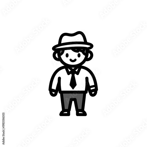 Cute cartoon detective or businessman icon in fedora hat