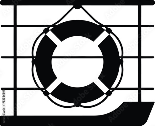 Silhouette of lifebuoy hanging on simple railing section with tiny curve of ship hull below