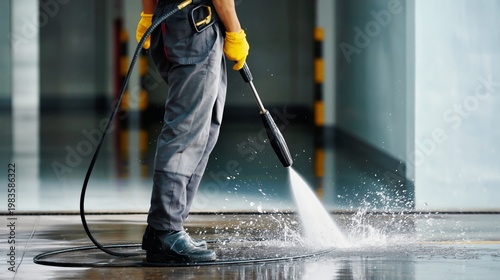 Worker Cleaning Floor With Pressure Washer in Commercial Building During Daytime