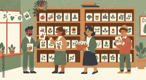 people standing in a room with framed pictures on the wall and shelves.