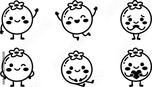 Cute cartoon blueberry characters with various happy and playful expressions black and white line art