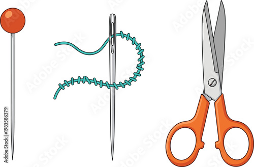 Sewing tools set pin needle thread scissors vector illustration tailoring equipment craft supplies collection design elements