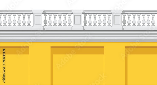 A sophisticated white stone balustrade with decorative spindles runs along the top of a vibrant yellow architectural wall under a bright clear azure sky.