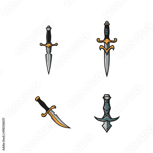 Set of Stylized Fantasy Medieval Daggers and Ornate Blade Icons