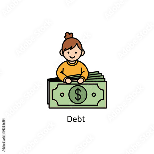 Girl with Cash Stack Representing Debt Concept Illustration