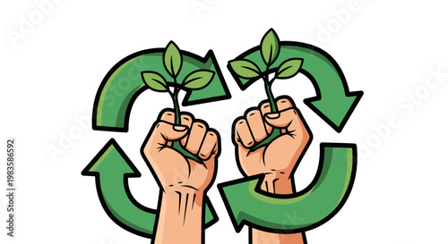 Hands holding green leaves with recycling symbol.