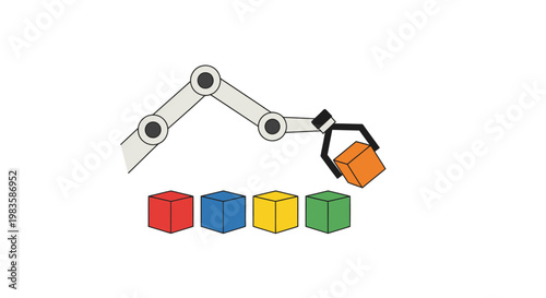 Robotic arm picking up colored cube.